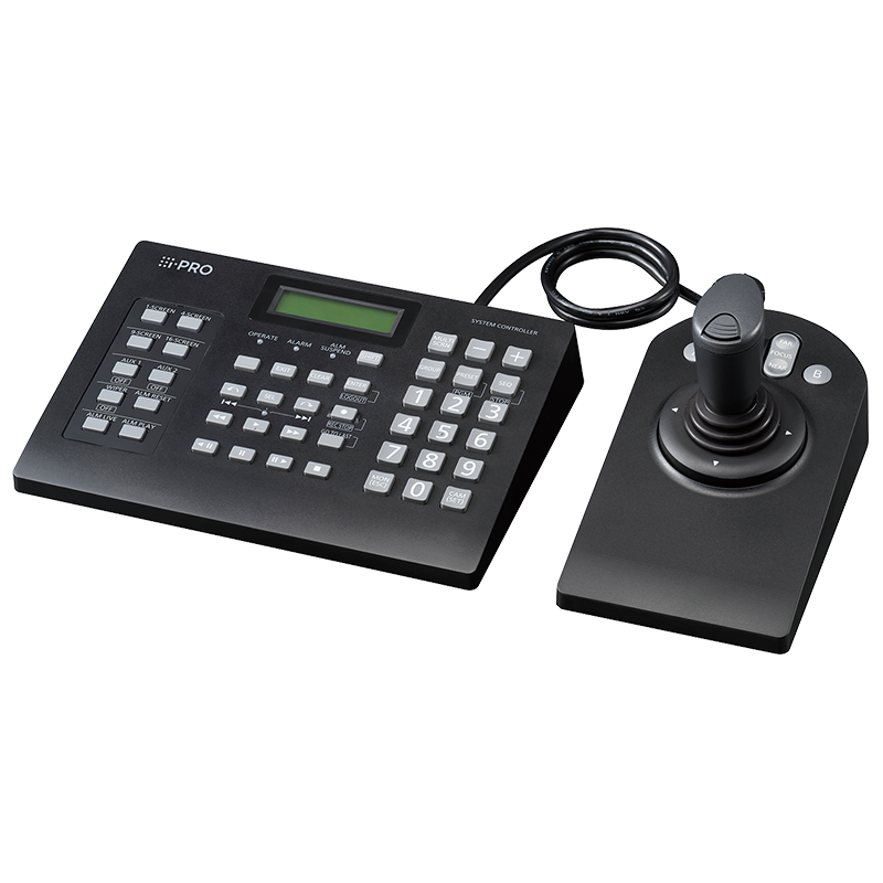 Ethernet Controller with 3D Joystick. Joy stick supports PTZ functions of PTZ cameras, Main unit supports recording and playback controls, Camera/ group selection.