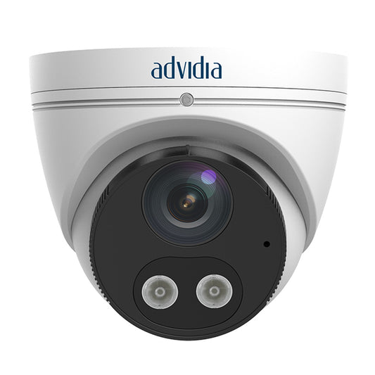 A white dome security camera with a black front lens housing, featuring two IR LED lights and the 'advidia' brand name printed in blue on the top casing, set against a plain white background.