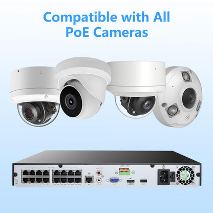 16ch NVR with 16 PoE Ports, H.264/ H.265, HDMI and VGA video output, 2x SATA HDD Bays Max 10TB each bay. Free PC client  software and Mobile App.