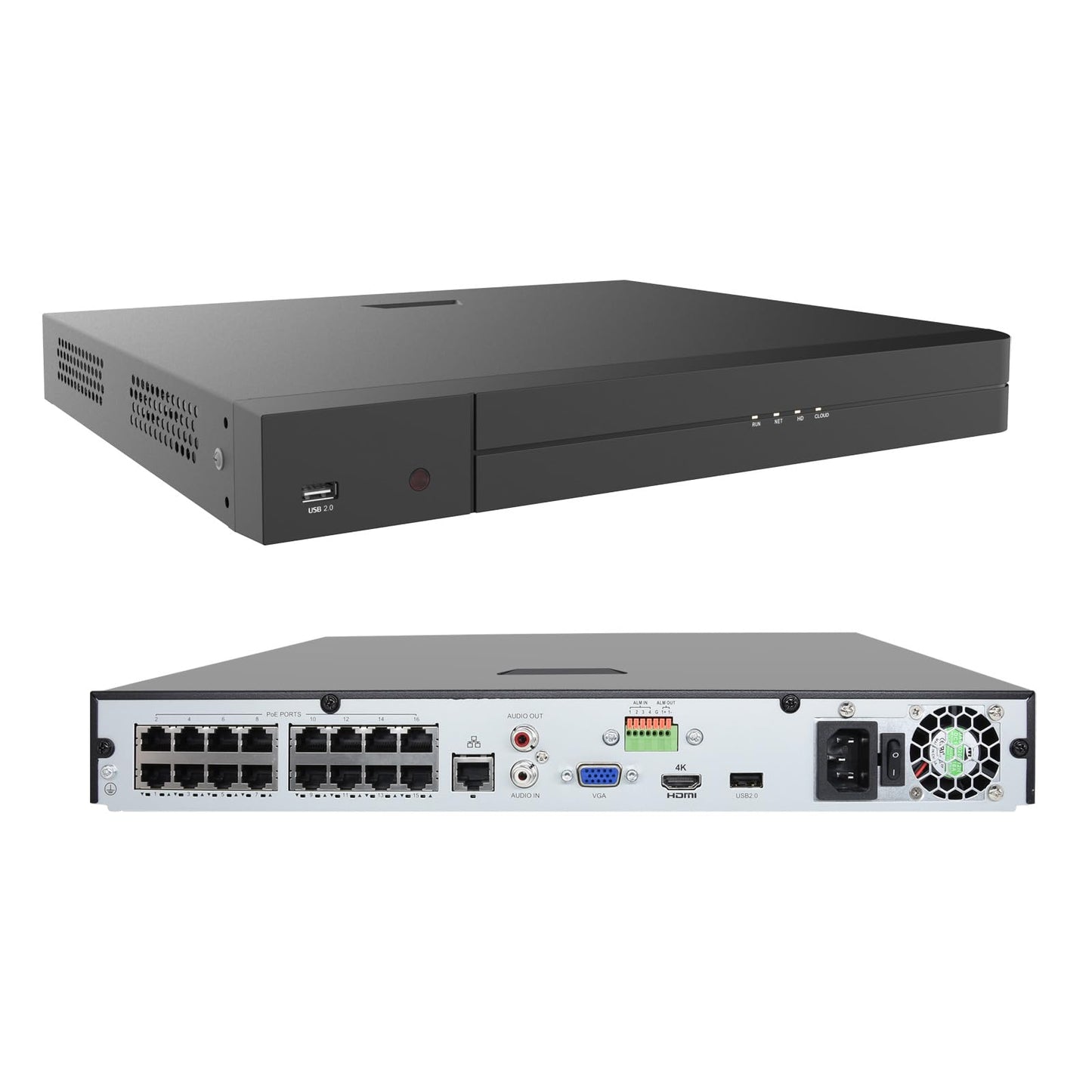 16ch NVR with 16 PoE Ports, H.264/ H.265, HDMI and VGA video output, 2x SATA HDD Bays Max 10TB each bay. Free PC client  software and Mobile App.