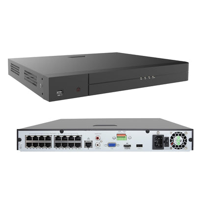 16ch NVR with 16 PoE Ports, H.264/ H.265, HDMI and VGA video output, 2x SATA HDD Bays Max 10TB each bay. Free PC client  software and Mobile App.