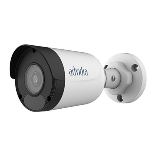 Advidia 4MP Outdoor Bullet Camera with IR Up to 50m, 2.8-12mm Motorised Zoom Lens, H.264/265, built in Mic, WDR  120db,PoE, Micro SD, IP 67.