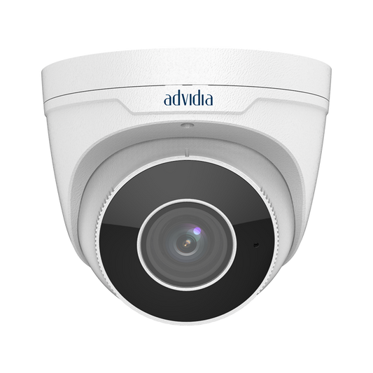 Advidia 4MP Turret Camera with IR up to 30m, 2.8mm Lens, H.264/H.265, WDR 120db, Micro SD, Built in Mic, IP67, PoE,
