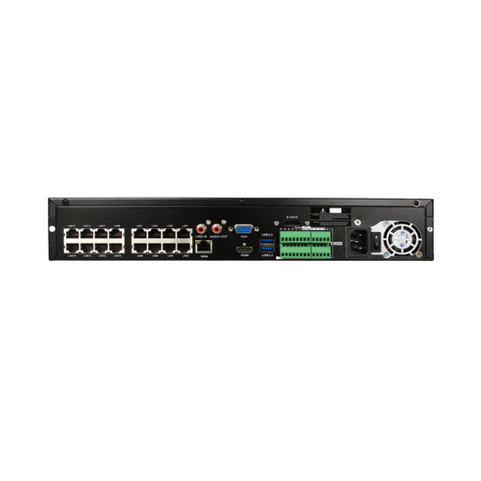 16ch NVR with 16 Poe Ports, H.264/ H.265 video, HDMI and VGA video output, 4x SATA Hard Drive bays up to 10TB each. Free PC  client software and Mobile App.