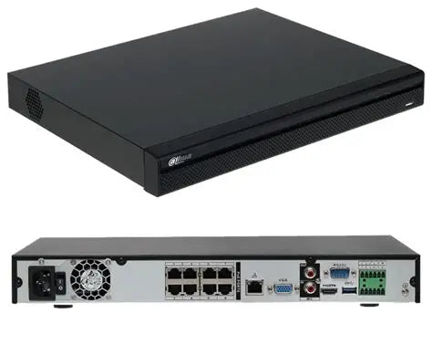 8 Ch NVR with 8 POE ports, H.264/ H.265 video, HDMI and VGA video output, 2x SATA Hard Drive bays up to 10TB each. Free PC  client software and Mobile App.