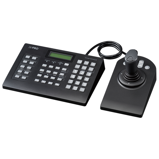 Ethernet Controller with 3D Joystick. Joy stick supports PTZ functions of PTZ cameras, Main unit supports recording and playback  controls, Camera/ group selection.