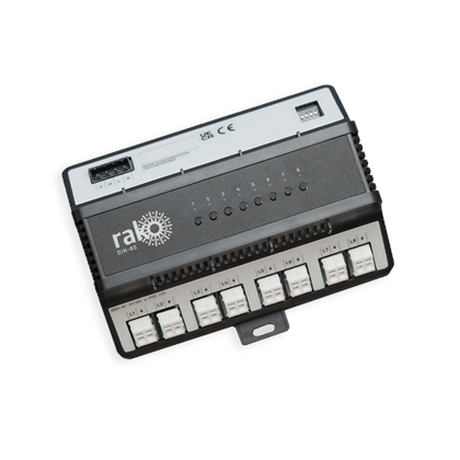 8-Channel DIN Rail mounted switching module. Suitable for mains, non-dimmable loads.  Communication via DIN-LINK