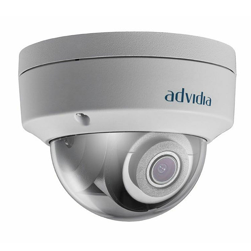 Advidia 4MP Outdoor Dome Camera with IR up to 30m, 4mm Fixed Lens, H.264/265, built in Mic, WDR 120db, PoE, Micro SD,  IP67, IK10 Vandal Resistance.