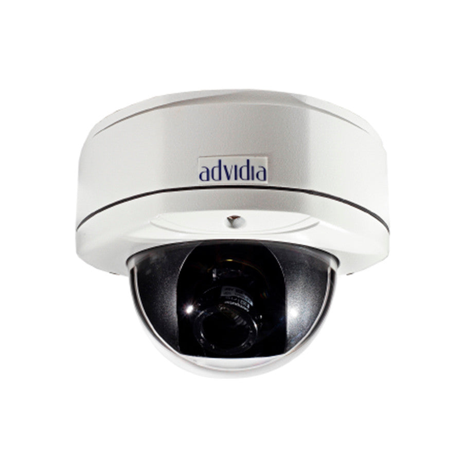 Advidia 4MP Outdoor Dome Camera with IR up to 30m, 2.8- 12mm Motorised Lens, H.264/265, built in Mic, WDR 120db, Micro  SD, PoE,IP67, IK10 Vandal Resistance.