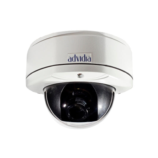 Advidia 4MP Outdoor Dome Camera with IR up to 30m, 2.8- 12mm Motorised Lens, H.264/265, built in Mic, WDR 120db, Micro  SD, PoE,IP67, IK10 Vandal Resistance.