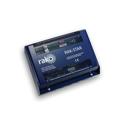 18-way star CAT5e/6 distribution unit. Allows multiple runs of CAT cable to be connected at a  single position. (not required when loop-in loop-out panel wiring is implemented)